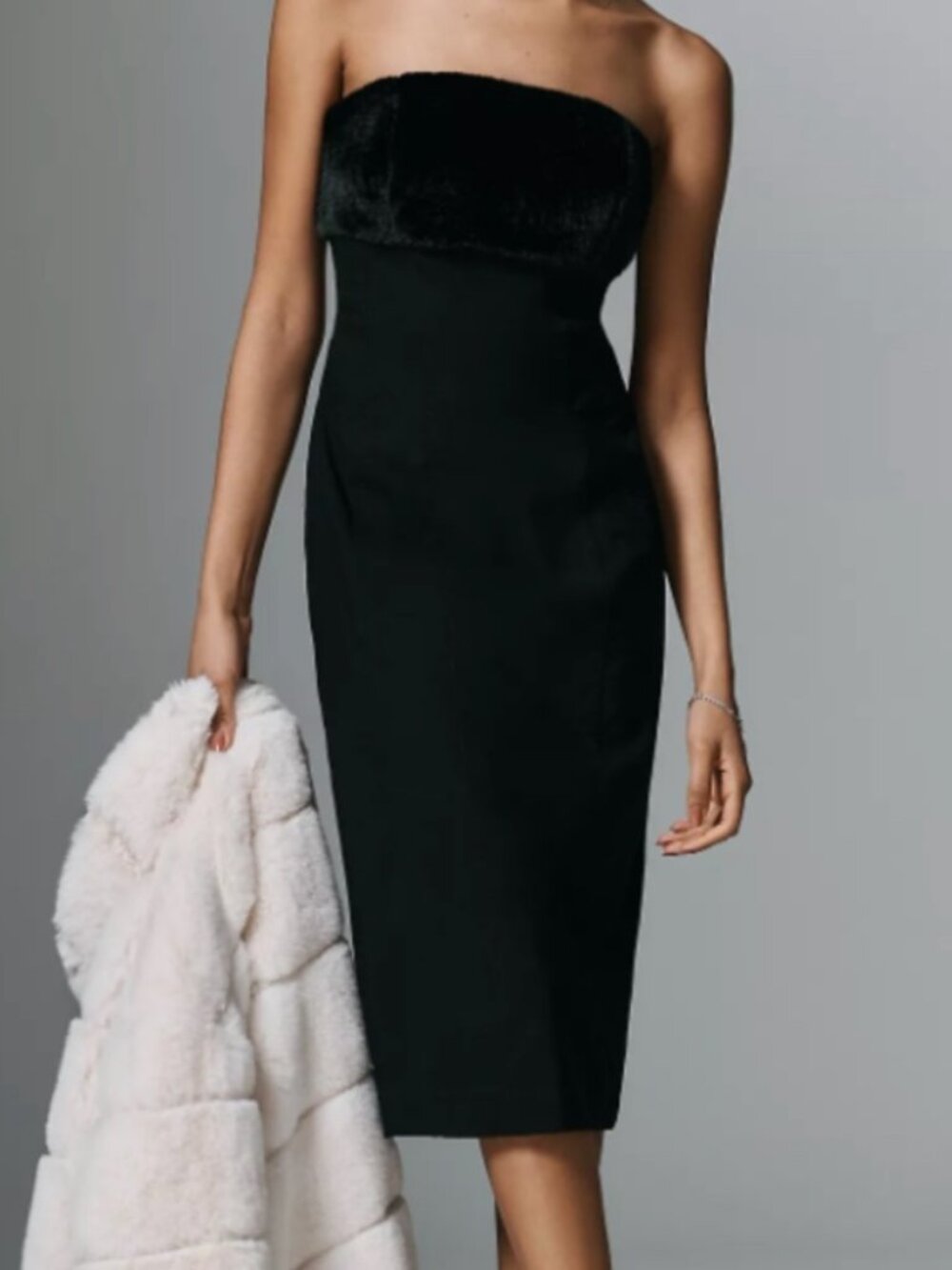 NWT By Anthropologie Black Occasion Slim Midi Dress XLP Strapless Faux Fur Trim